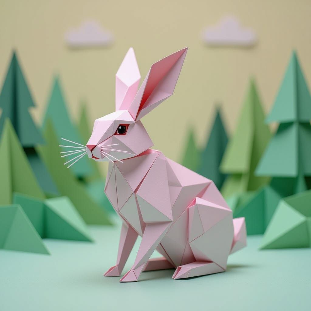 Origami Hare with Paper Wheels in Crumpled Forest