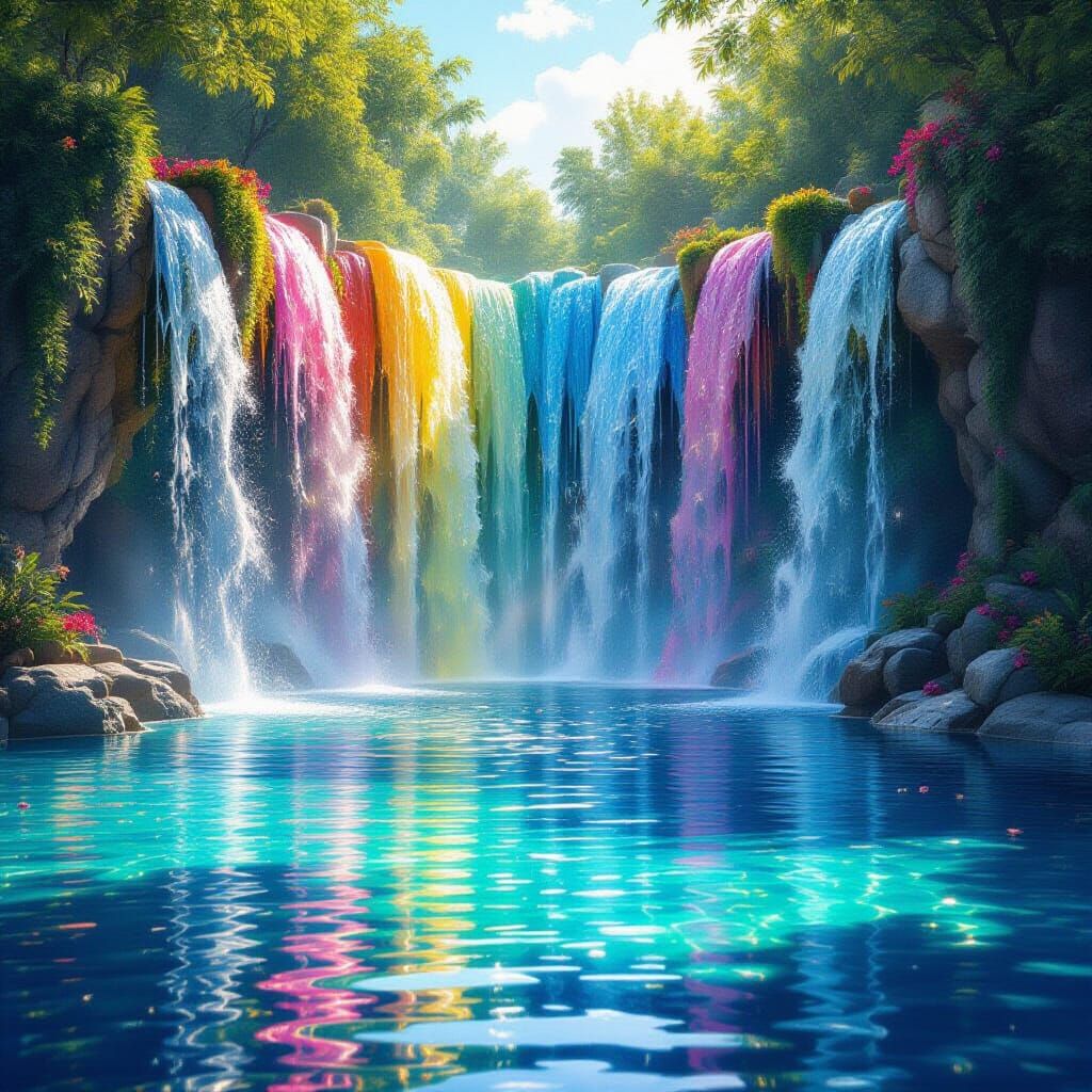 Rainbow Waterfall in Ethereal Glow, Hyperrealistic Fantasy