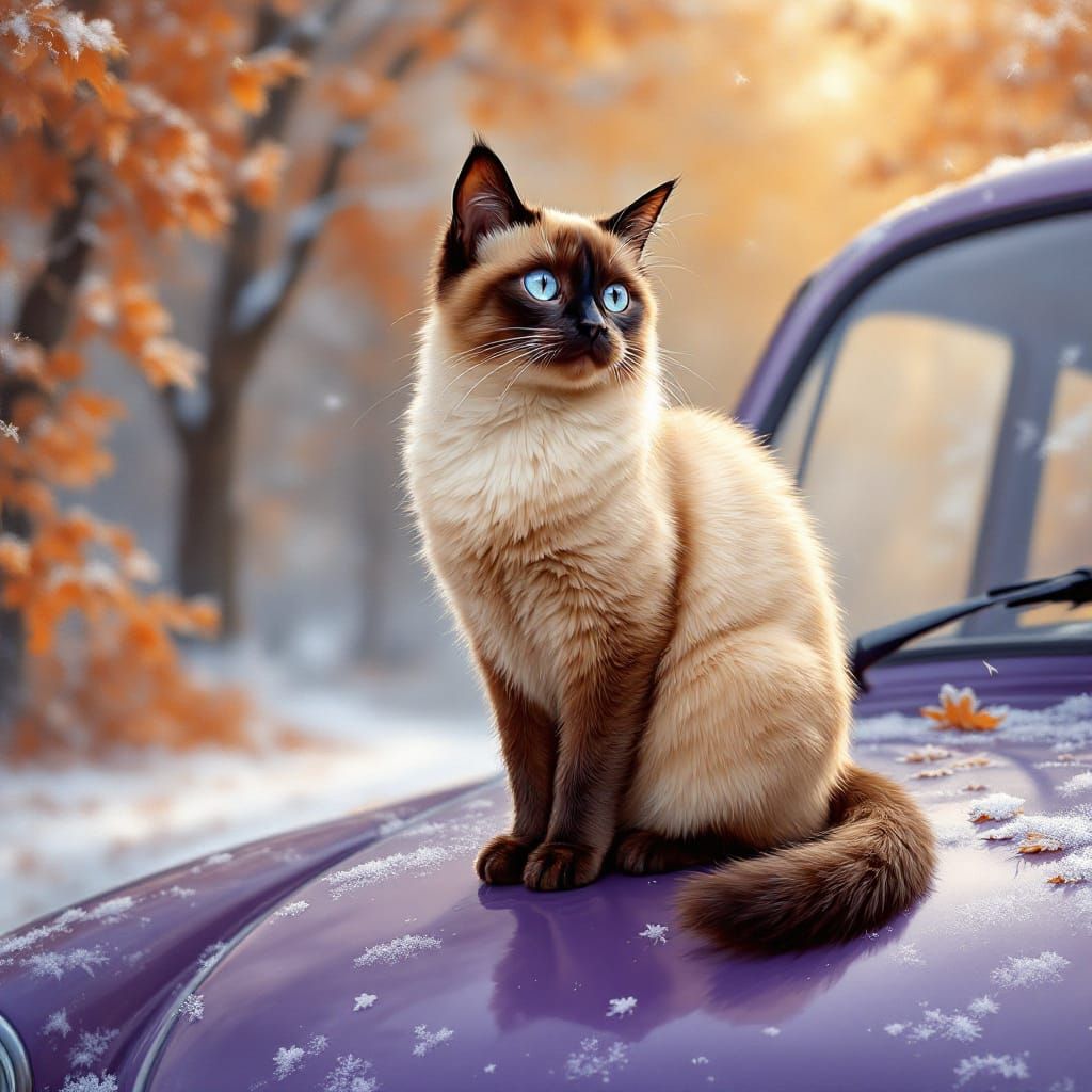 Siamese Cat on Car: Warm Airbrush Autumn Illustration