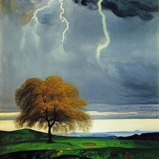 Figure Gazing Skyward in Storm, Evoking Expressionism