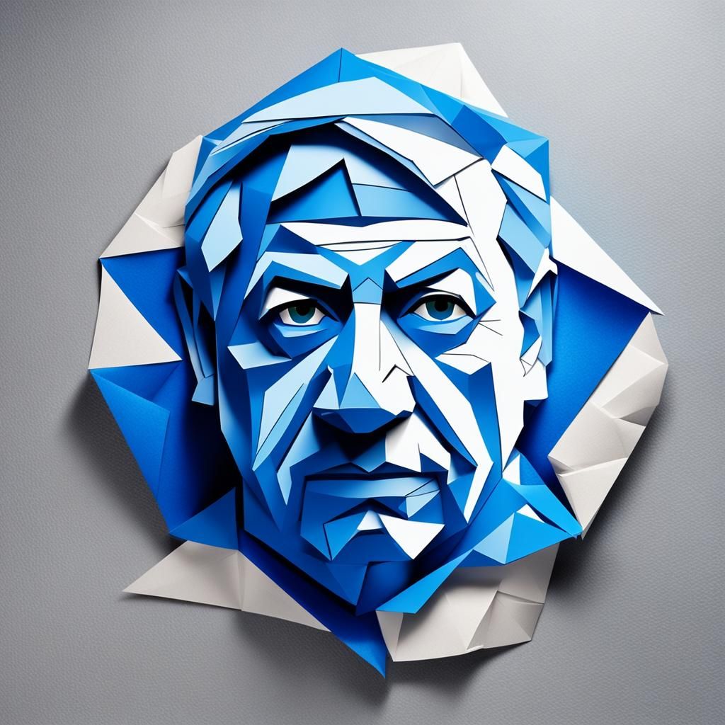 Blue and White Origami Face in Hyperrealism