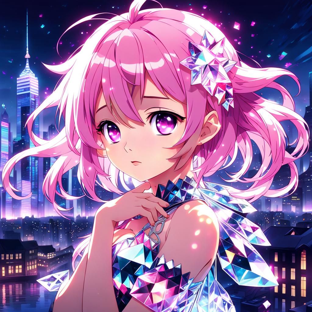 Crystal Girl with Pink Hair in Anime Style
