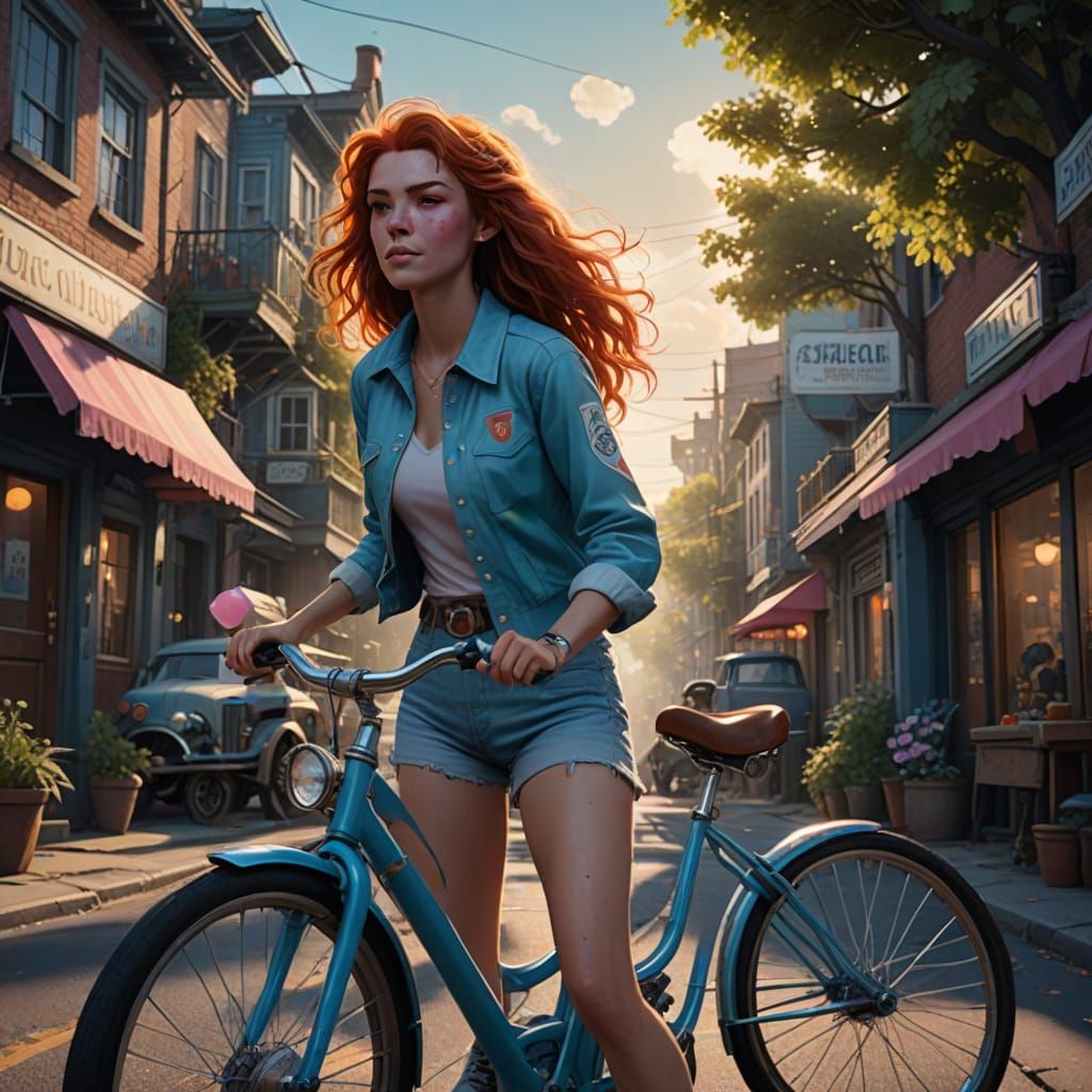 Vibrant Redhead Girl Rides Retro Bicycle Down Sunny Street i...