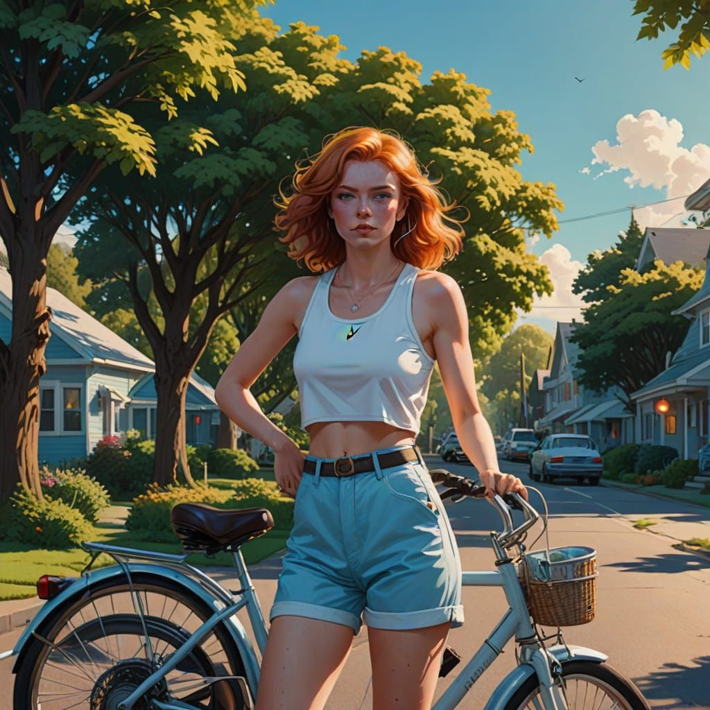 Mischievous Girl Rides Vintage Bicycle in Golden Hour Americ...