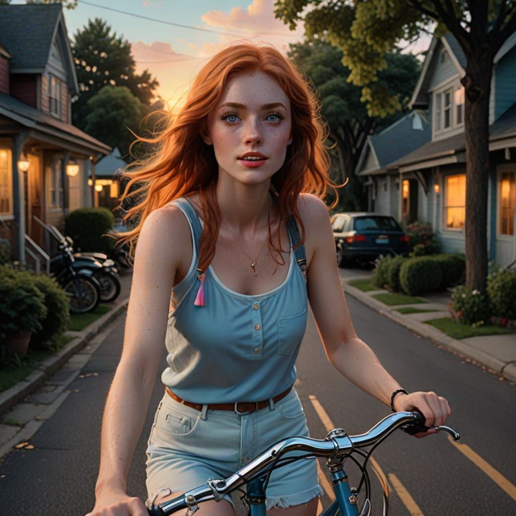 Fiery Redhead Girl Rides Vintage Bicycle at Sunset