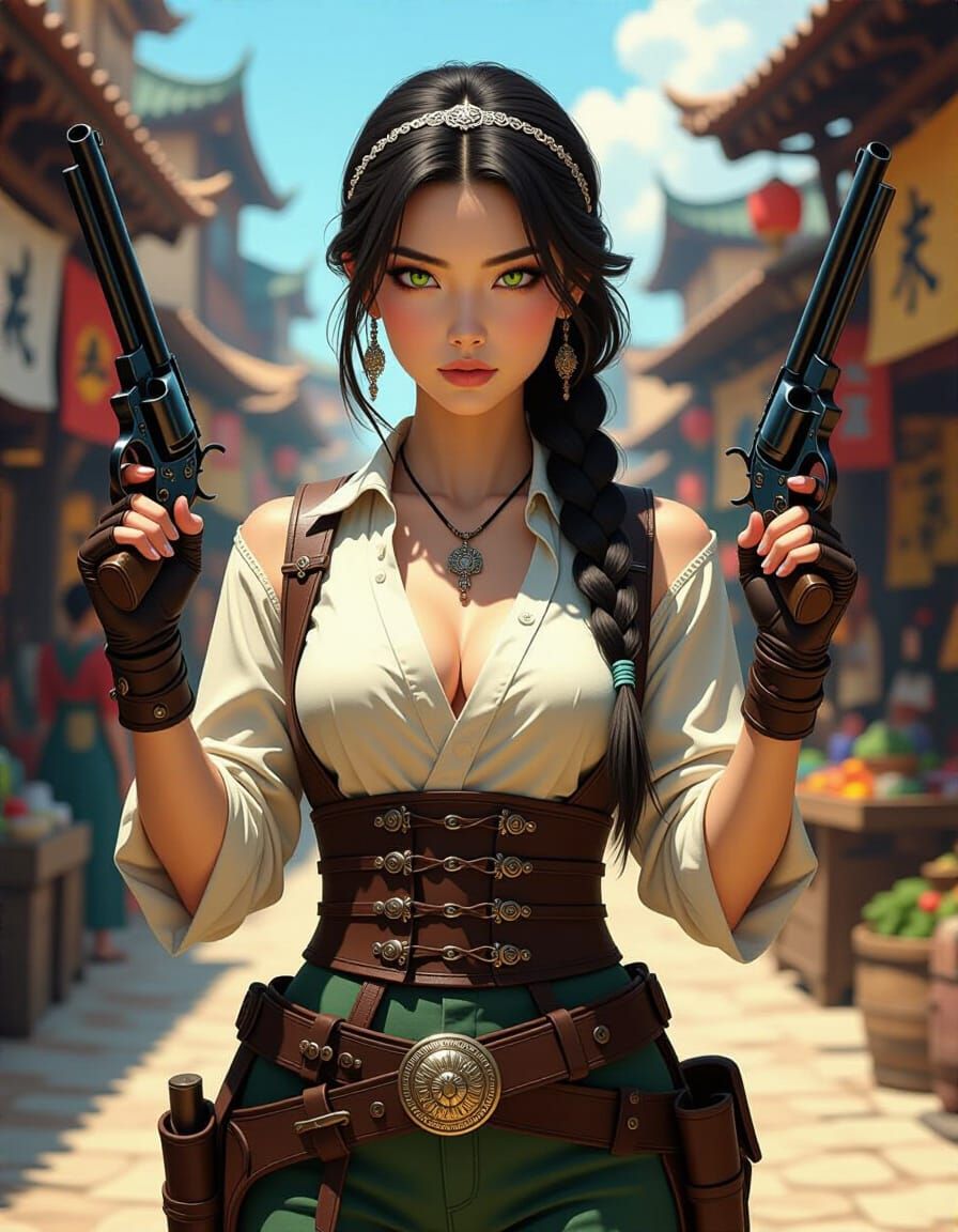 Asian Gunslinger Woman in Medieval Market