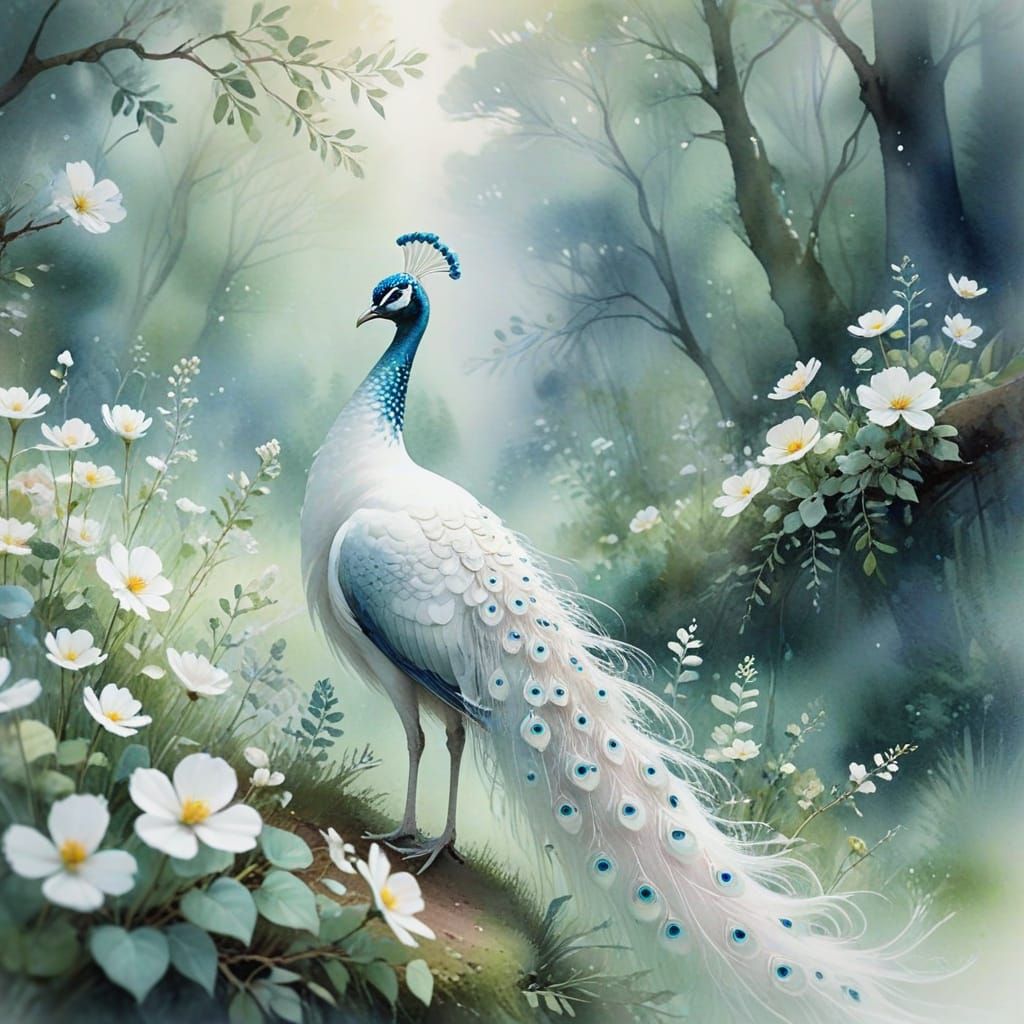 Ethereal Watercolor Peacock in Misty Woodland