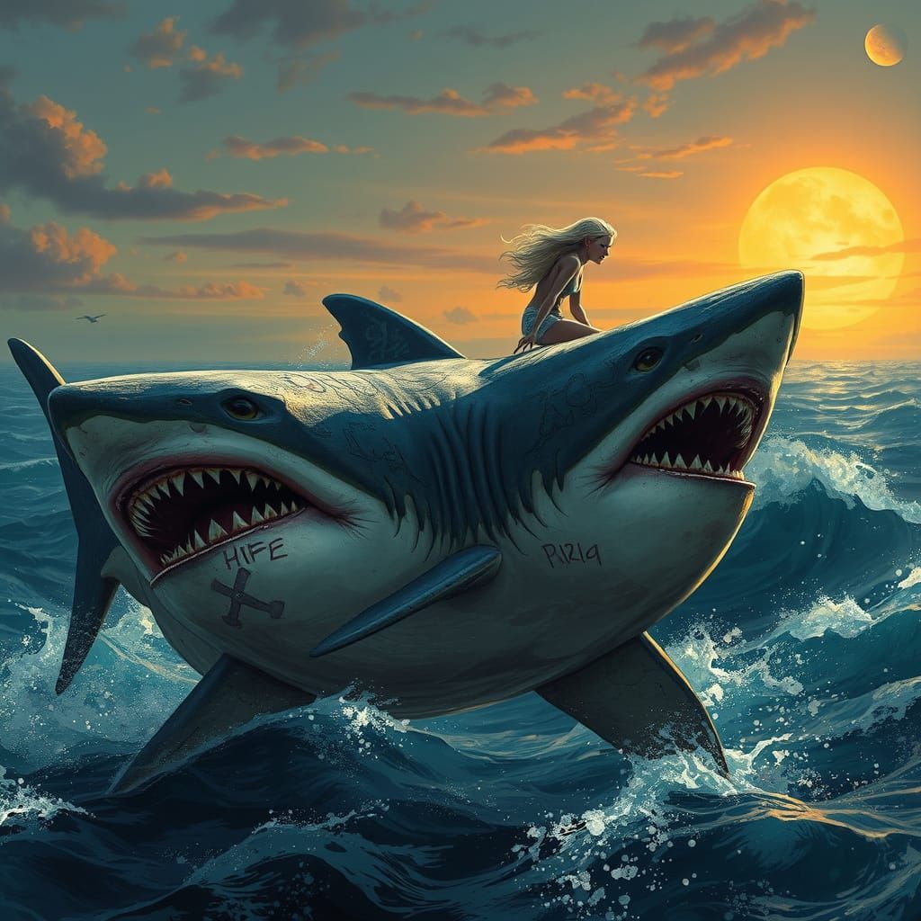 Pirate Queen Rides Shark: Dark Fantasy Art