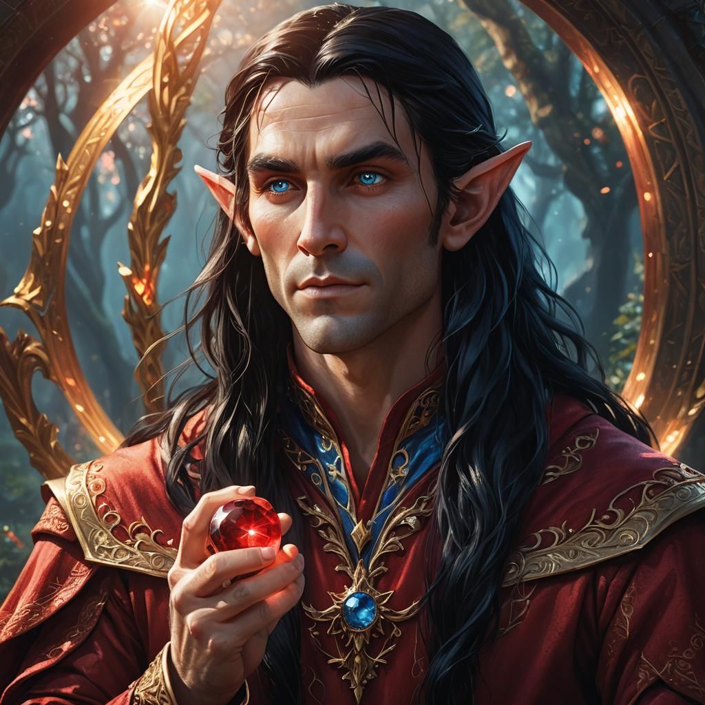 A tall male elf with very long black hair,blue eyes, wearing...