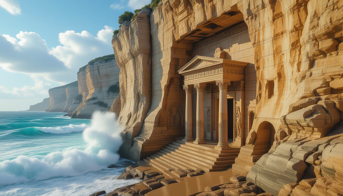 Ancient Cliffside Temple Overlooking Turbulent Sea