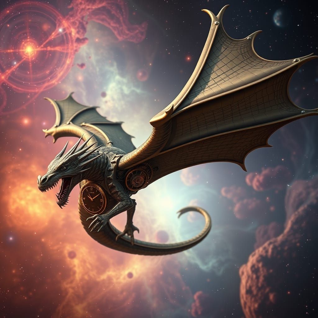 Clockwork Dragon Soaring Through a Nebula
