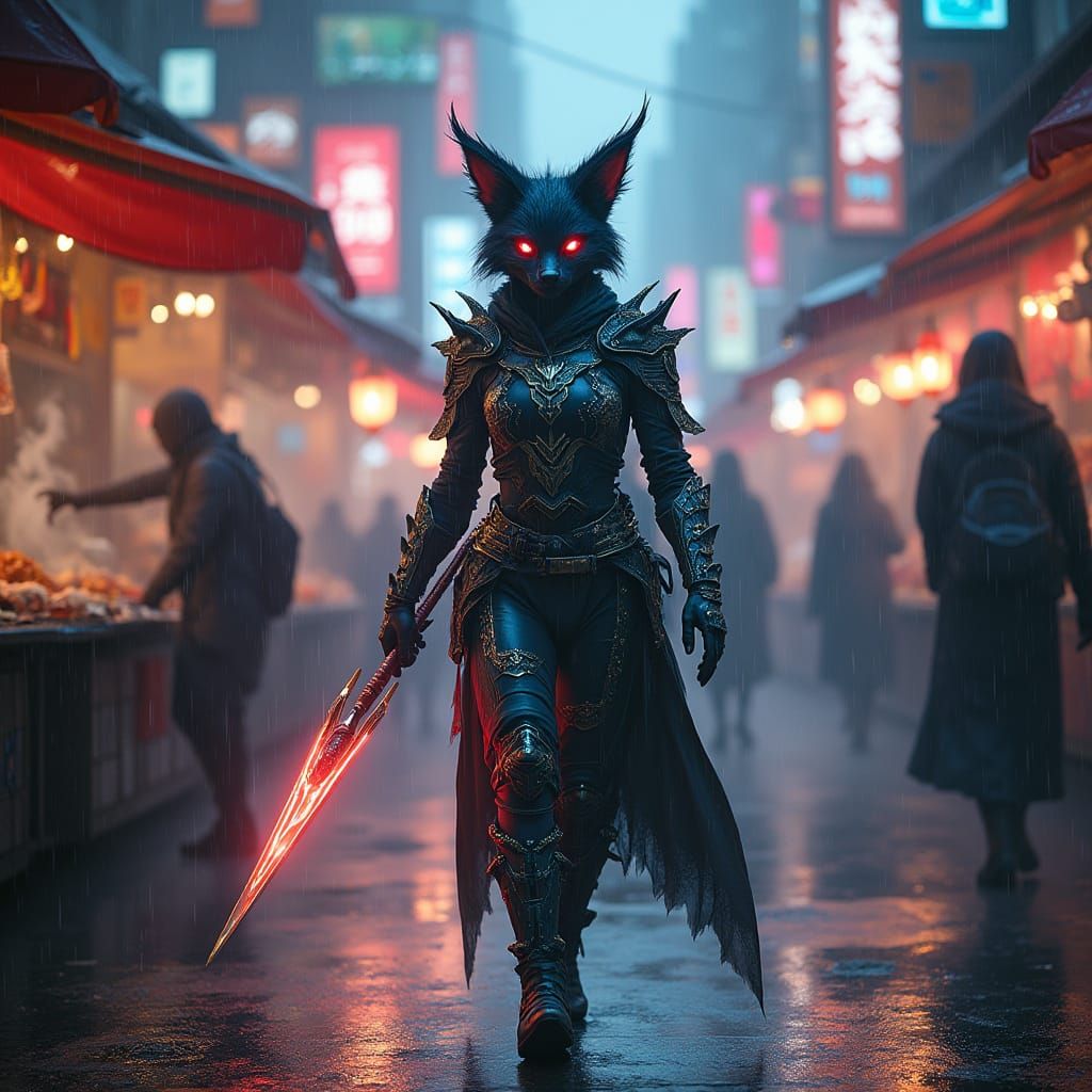 Cyberpunk Kitsune Warrior in Futuristic Armor Strides throug...