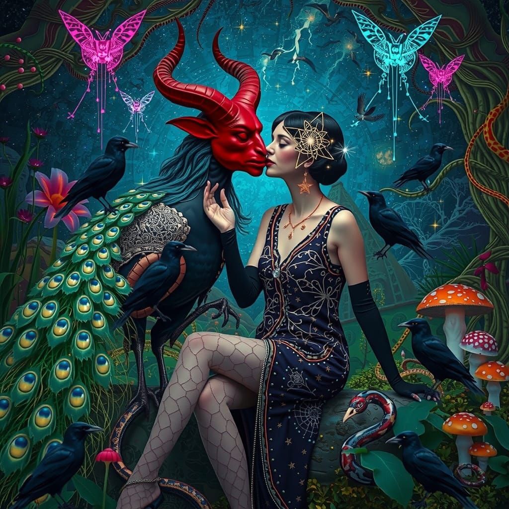 Demon Peacock Creature and Stardust Woman in Surreal Garden