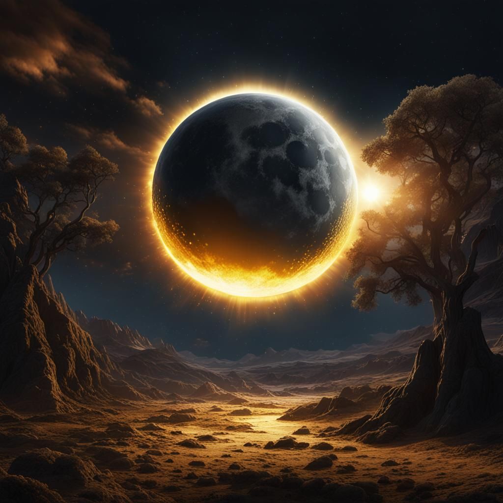 Spectacular Solar Eclipse with Golden Light Rays