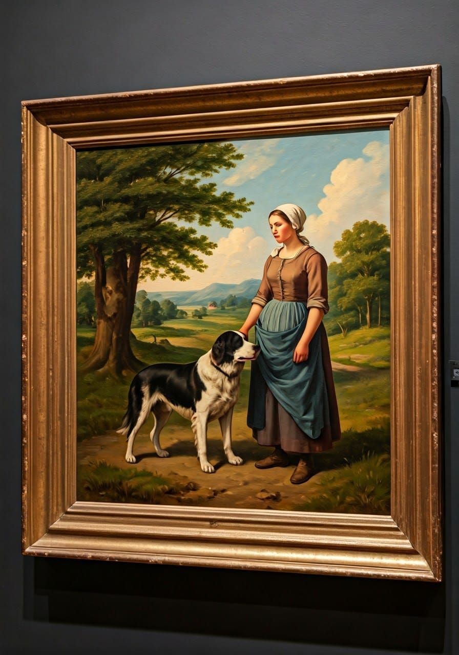 Aged Oil Painting of a Woman and Dog