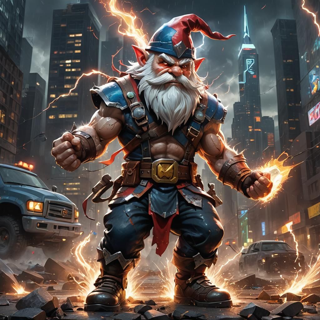 Heroic Gnome in Superhero Stance: Hyperrealistic Concept Art