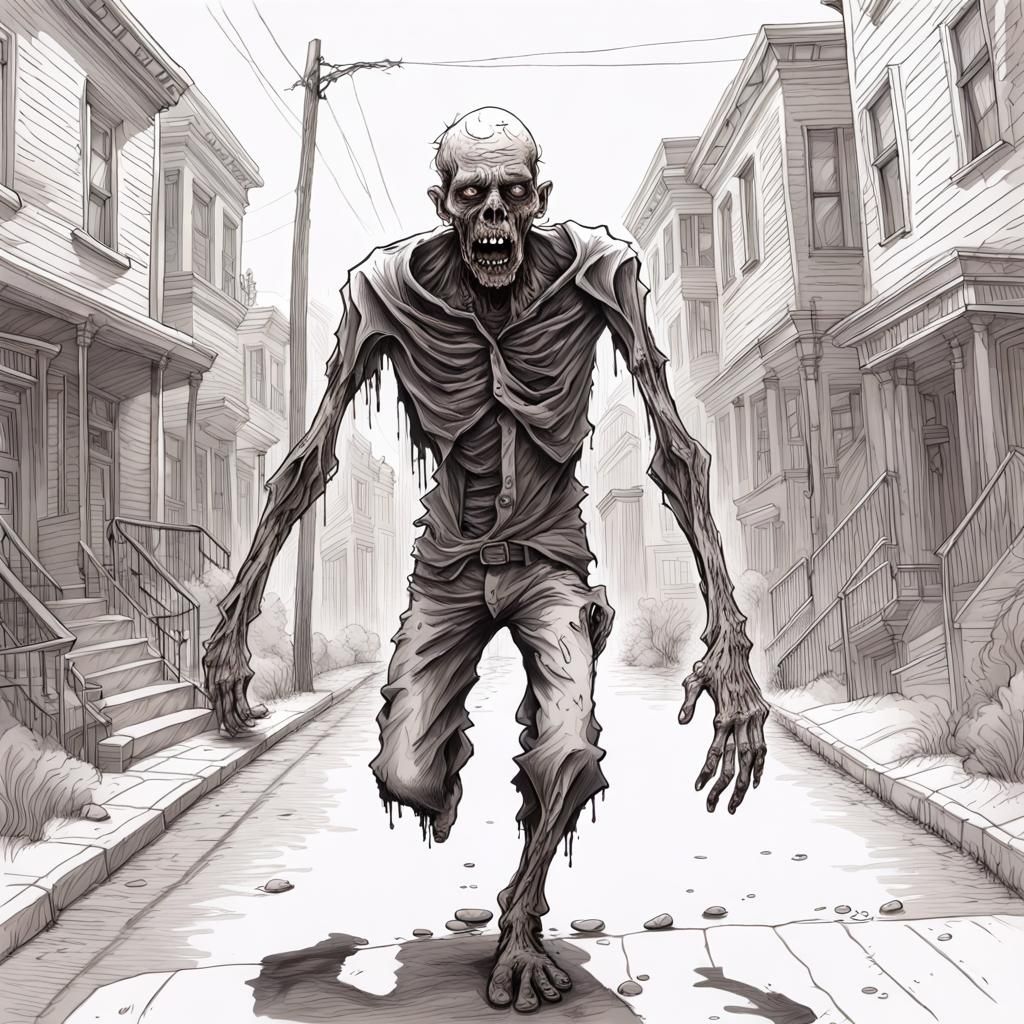 Detailed Monochromatic Line Art of Undead Zombie