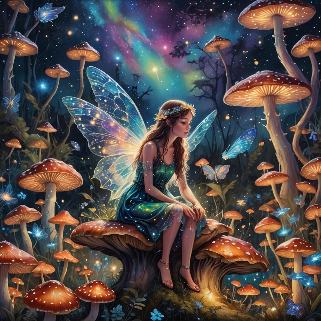 Fairy on Mushroom in Surreal Astral Art Style
