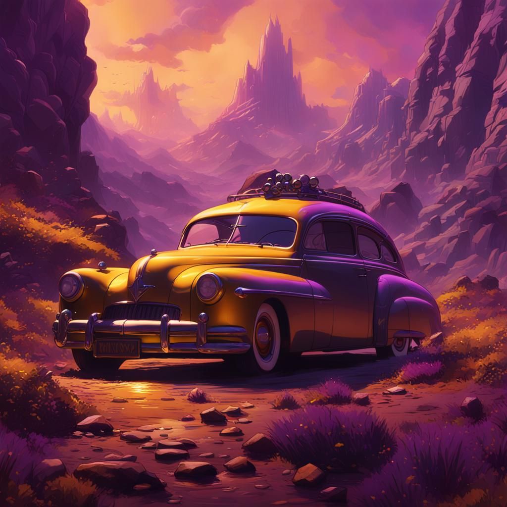 Retro Sci-Fi Concept Art in Purple and Yellow