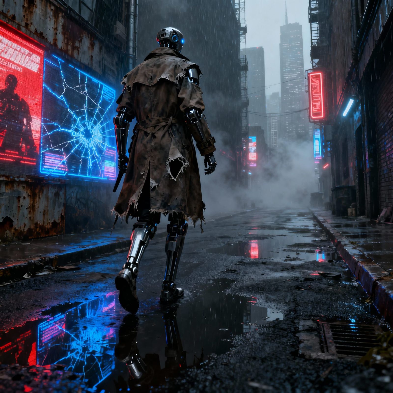 Cyborg Hunter in Neon-Lit Futuristic Alleyway