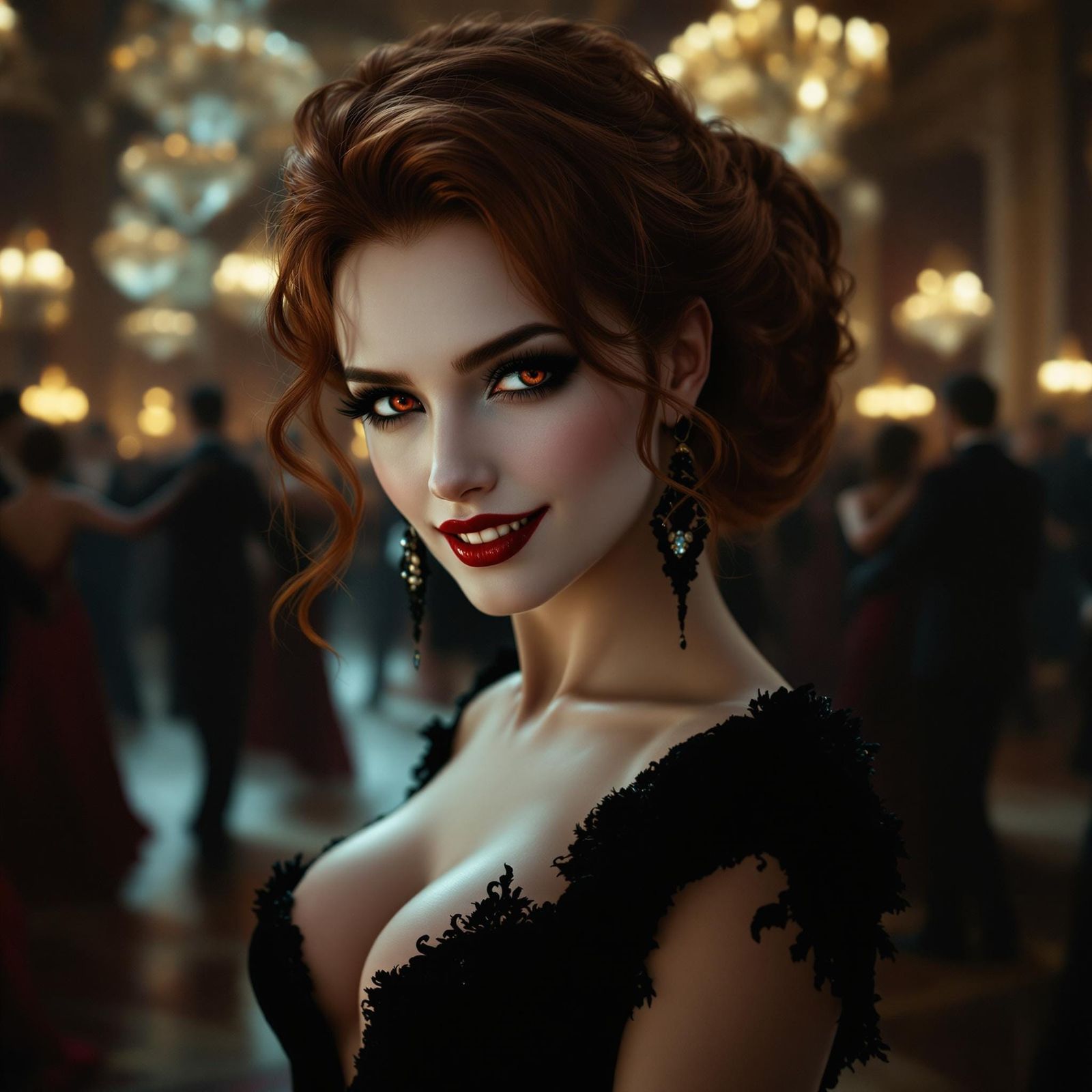 Seductive Vampire Woman on Ballroom Floor
