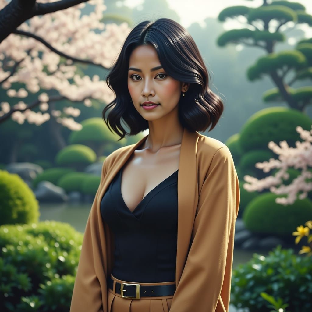 Elegant Woman in Japanese Garden with Cherry Blossoms