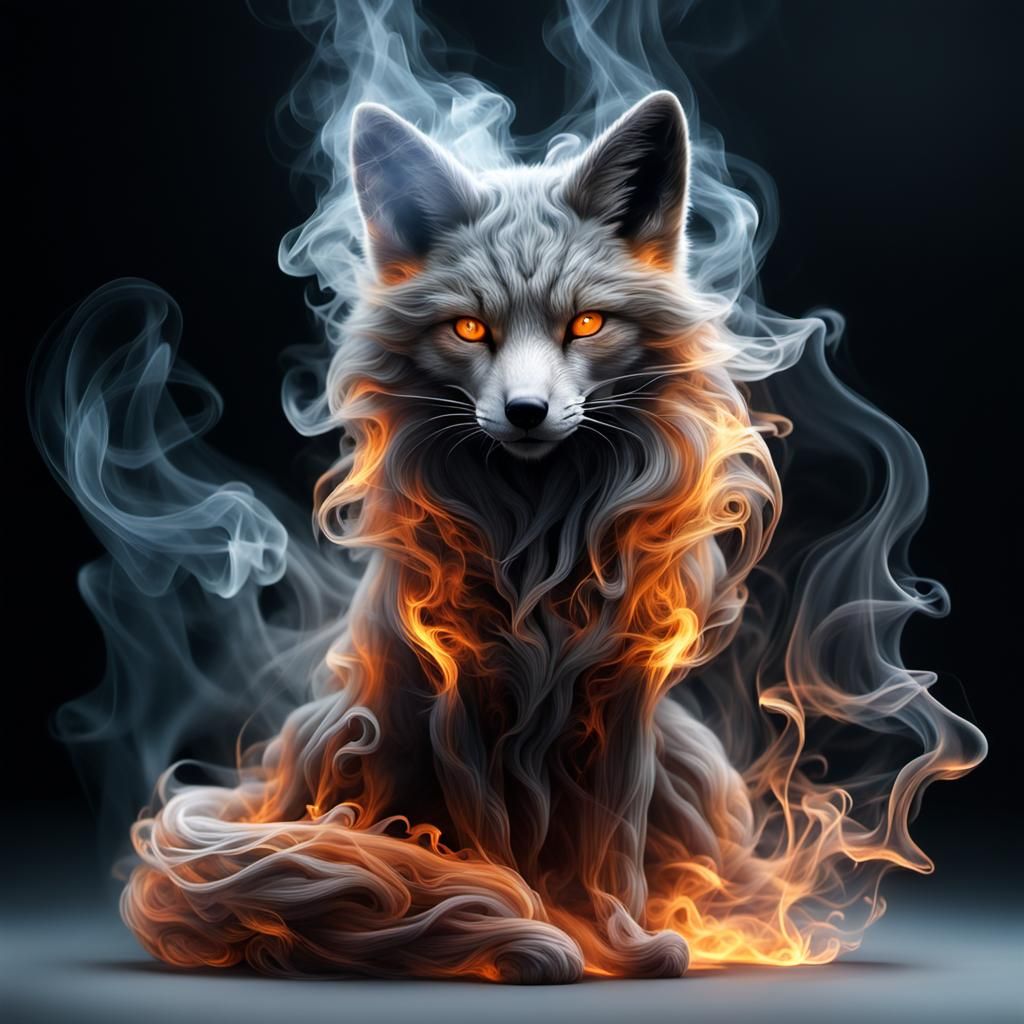 Ethereal Ghostly Fox Spirit in Smoke and Fire