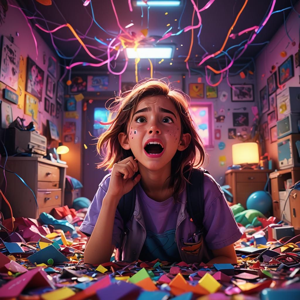 Annoying Sister in Messy Room: Vibrant 3D Digital Art
