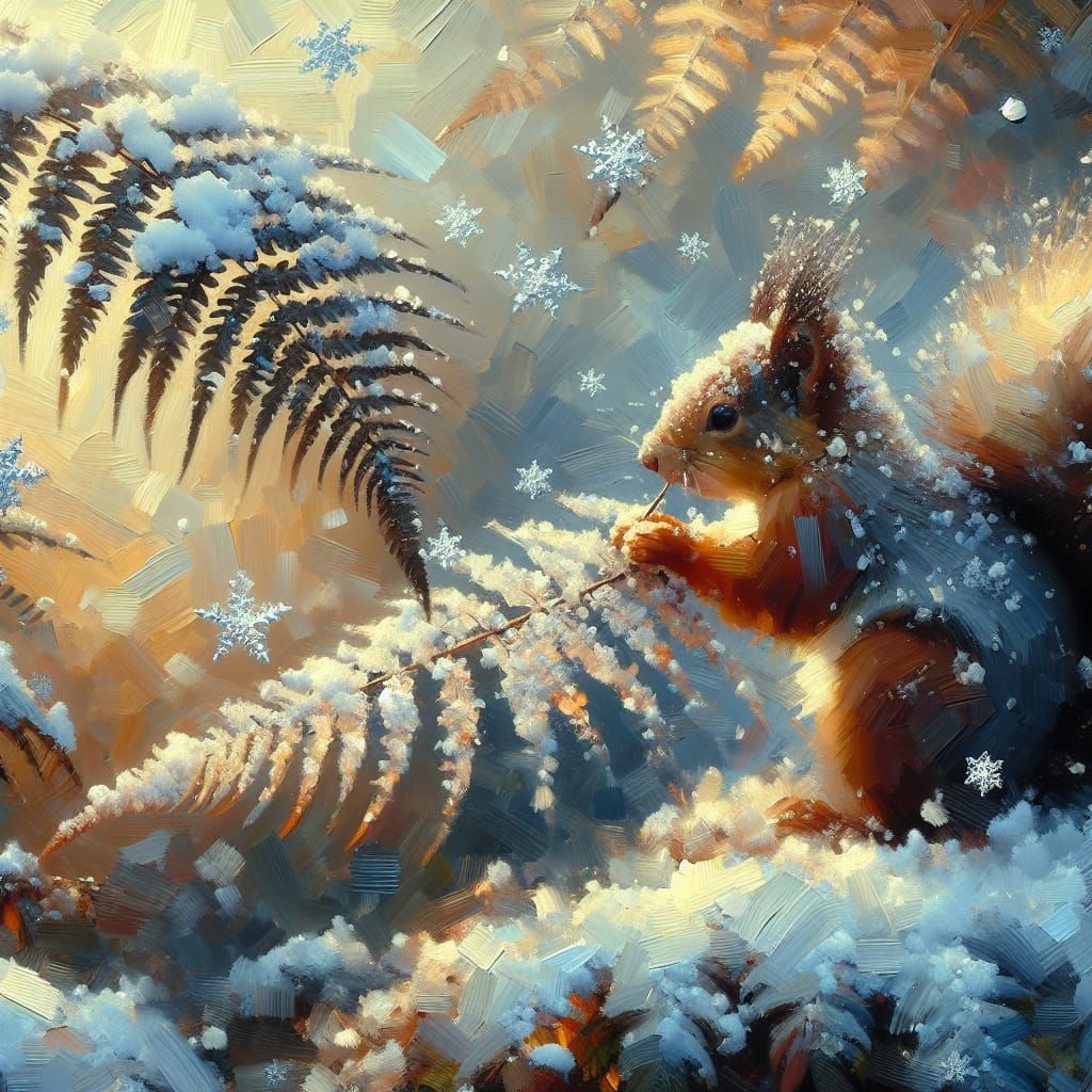 Squirrel in Winter Wonderland: Oil Painting with Impasto