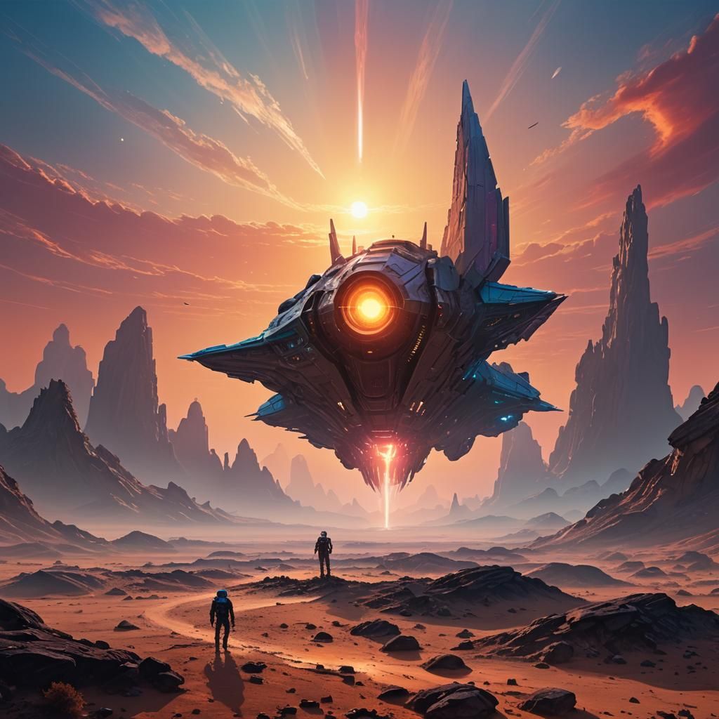 Alien Spaceship Sunrise: Sci-Fi Digital Painting
