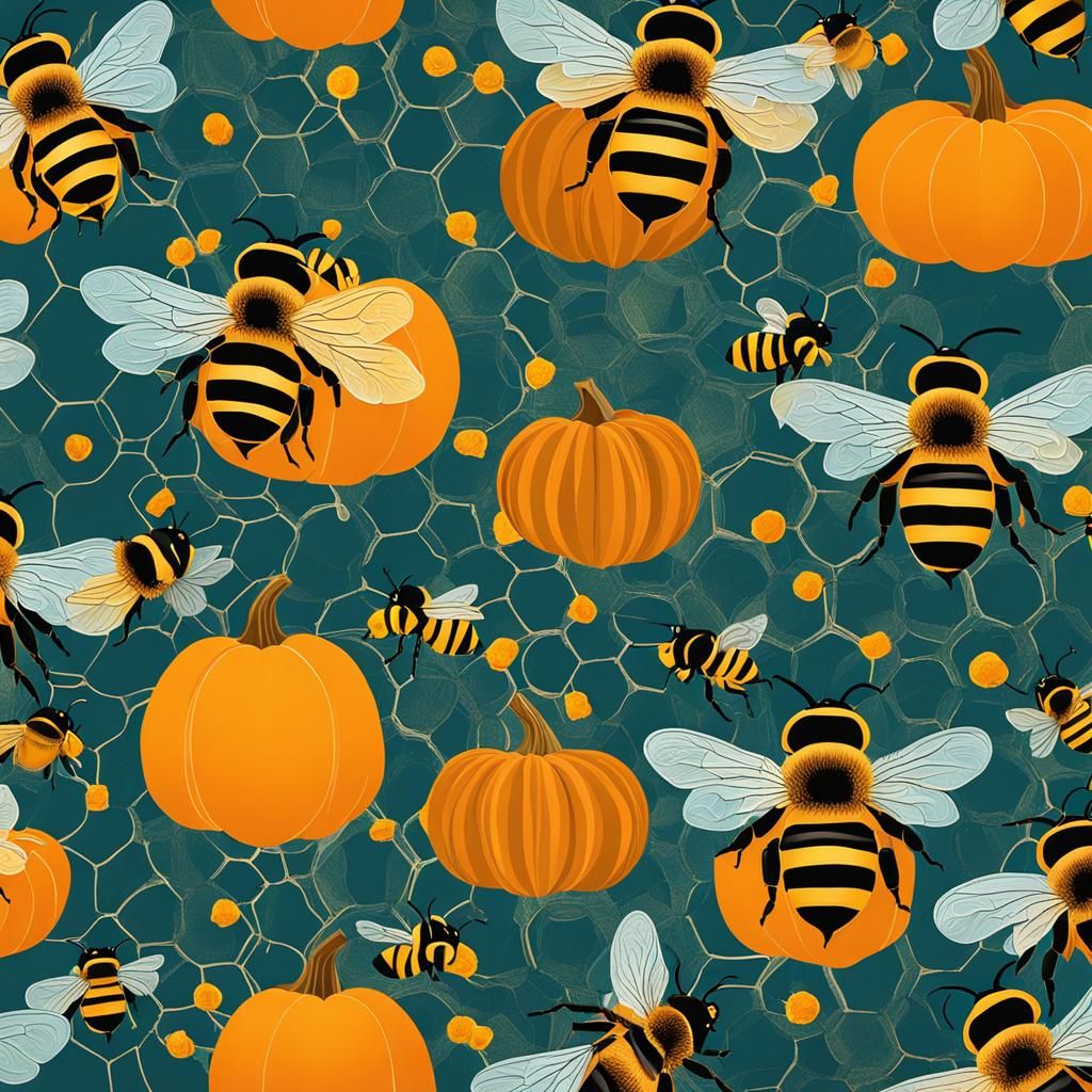 Bees Pollinating Pumpkin Flowers: Abstract Art