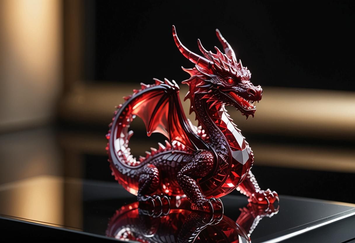 Ruby Dragon Figurine on a Mirror