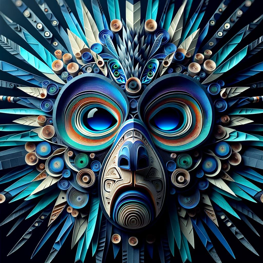 Intricate 3D Haida Mask in Quilled Paper Collage
