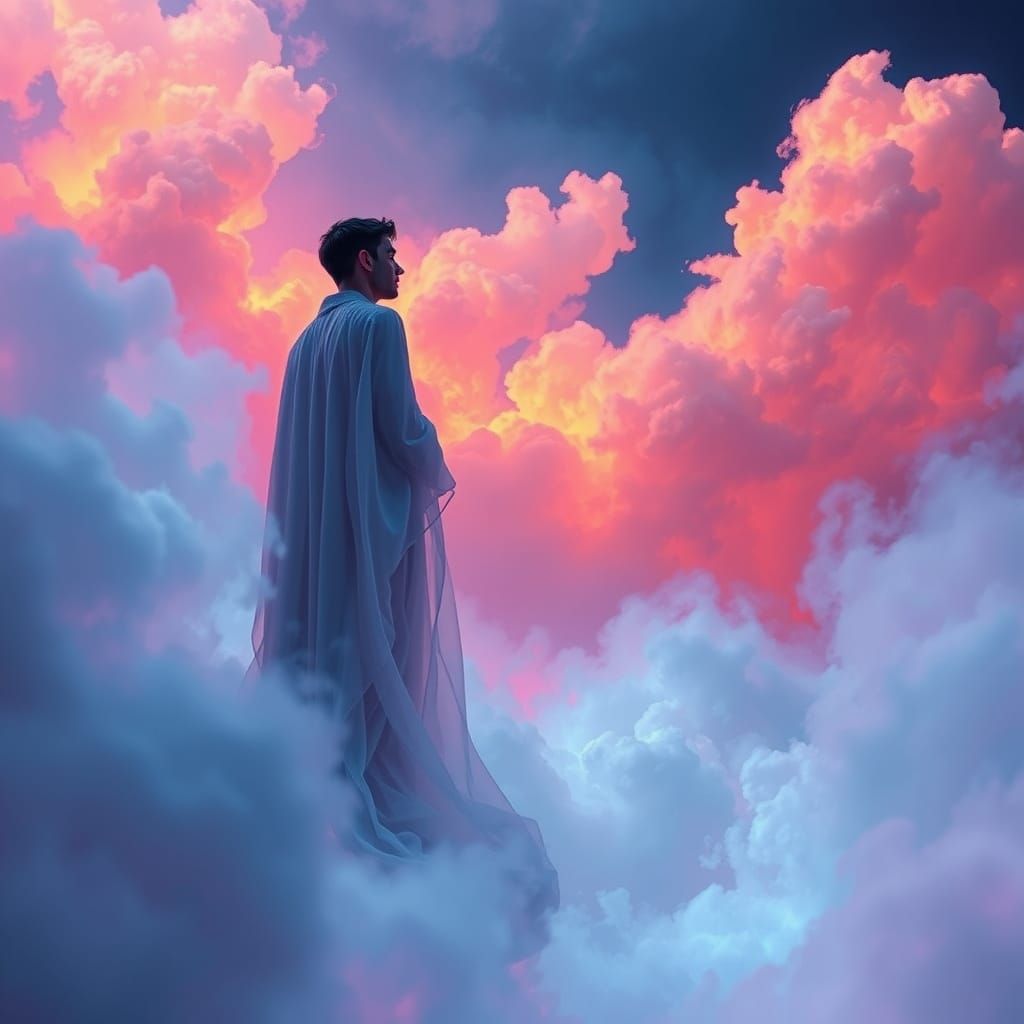 Contemplative Figure in Ethereal Abstract Landscape