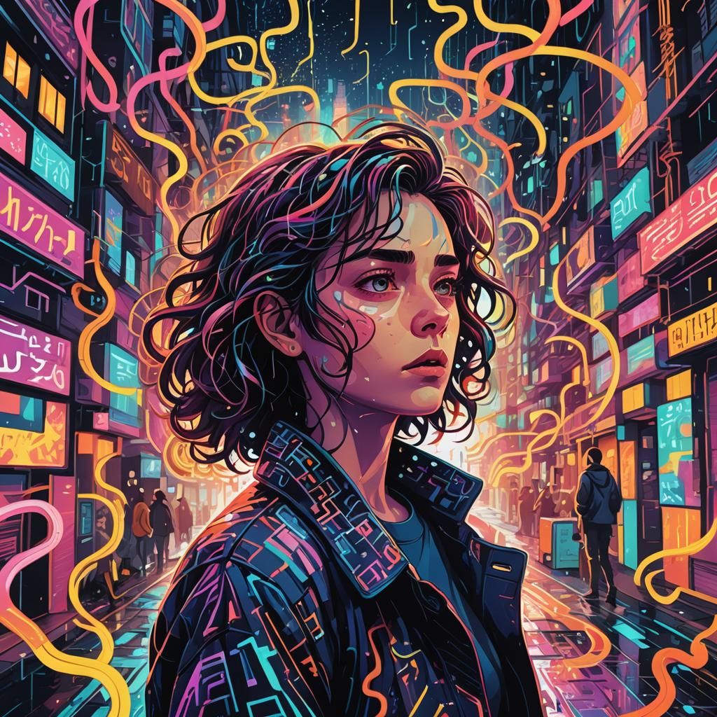 Worried Person in Crowded City Street: Psychedelic Illustrat...