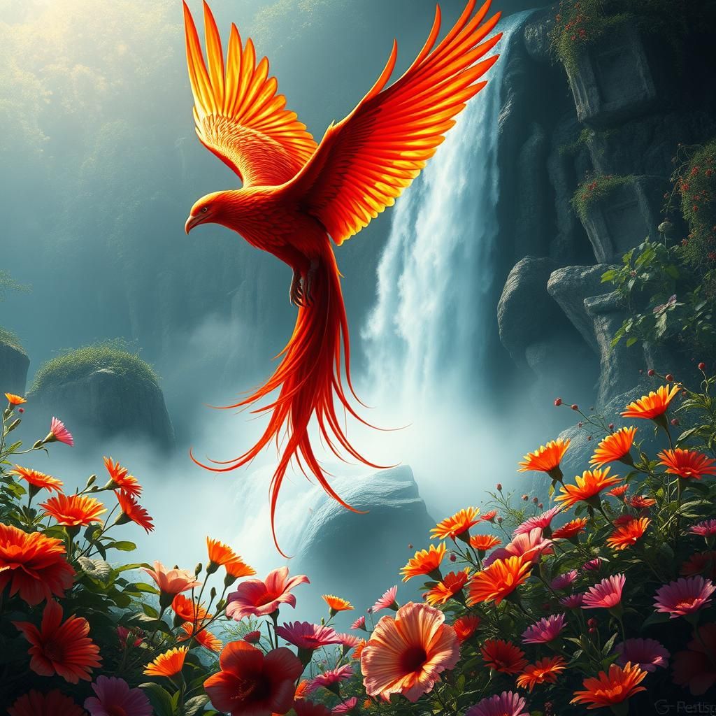 Fiery Phoenix Soaring Above Exotic Garden