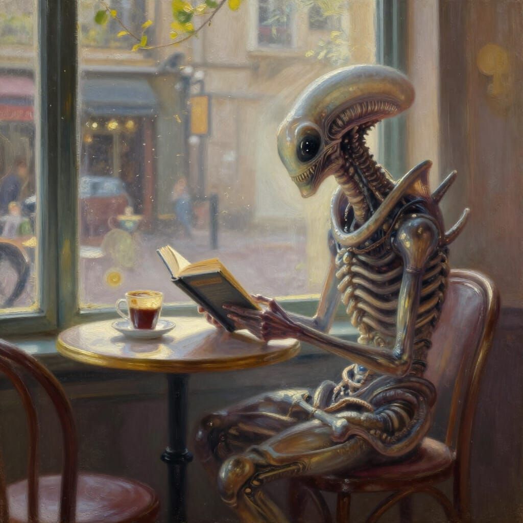 Xenomorph Reading in a Sunlit Café, Impressionist Style