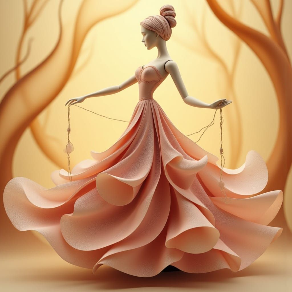 Whimsical Marionette in Ethereal Peach Gown