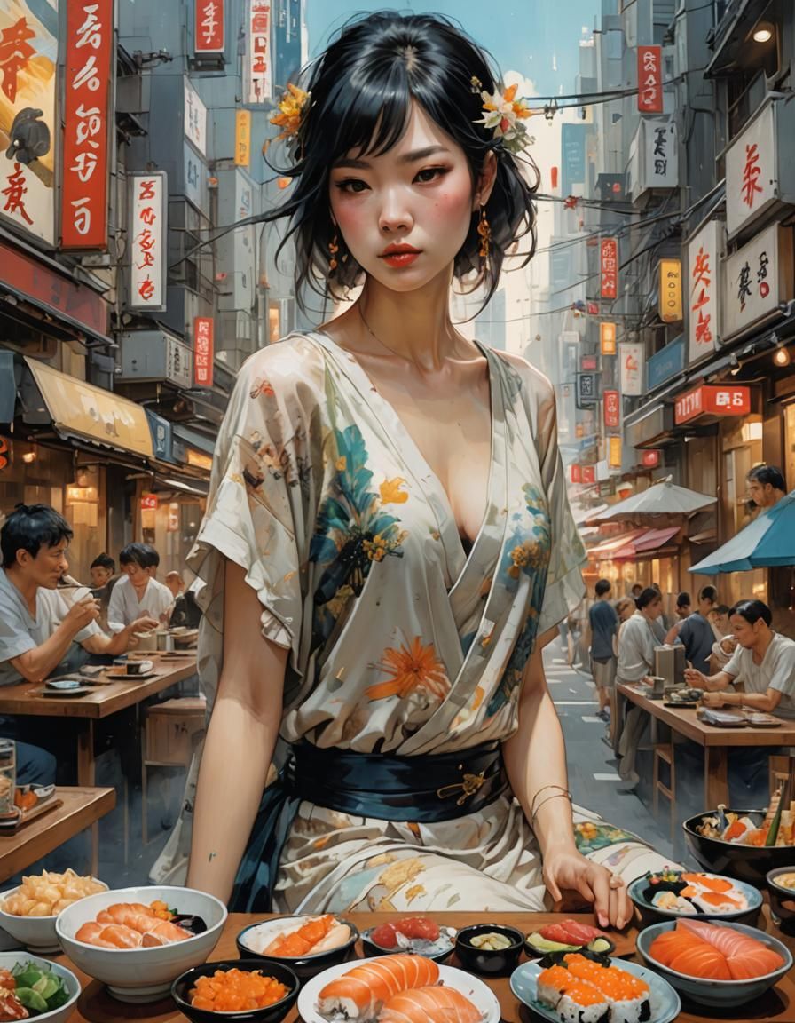Girl in Sundress Eating Sushi, Hyperdetailed Illustration
