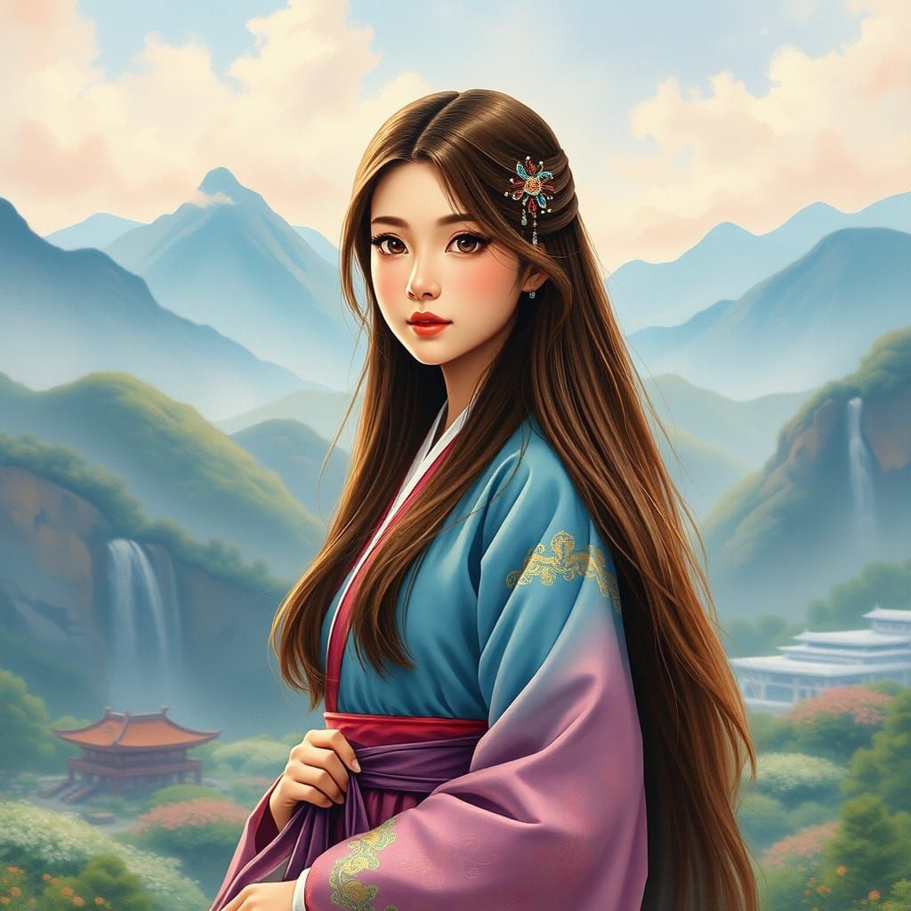 Vibrant Korean Heroine in Traditional Hanbok, Dreamlike Land...