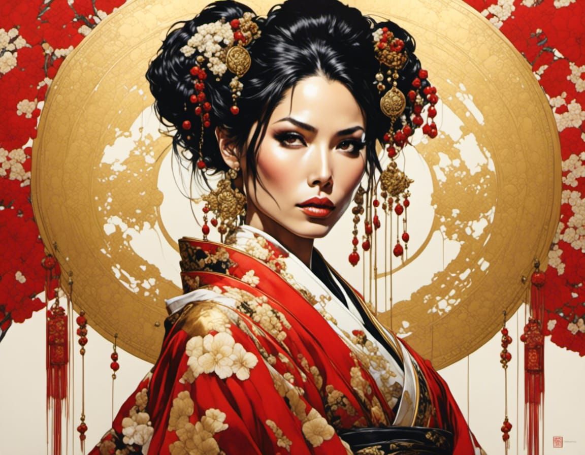 Edgy Woman in Traditional Kimono with Floral Background