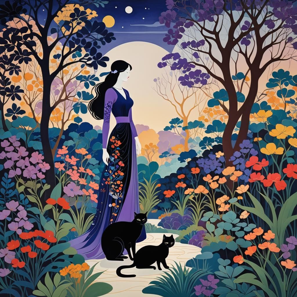 Elegant Girl with Black Cat in Art Nouveau Style