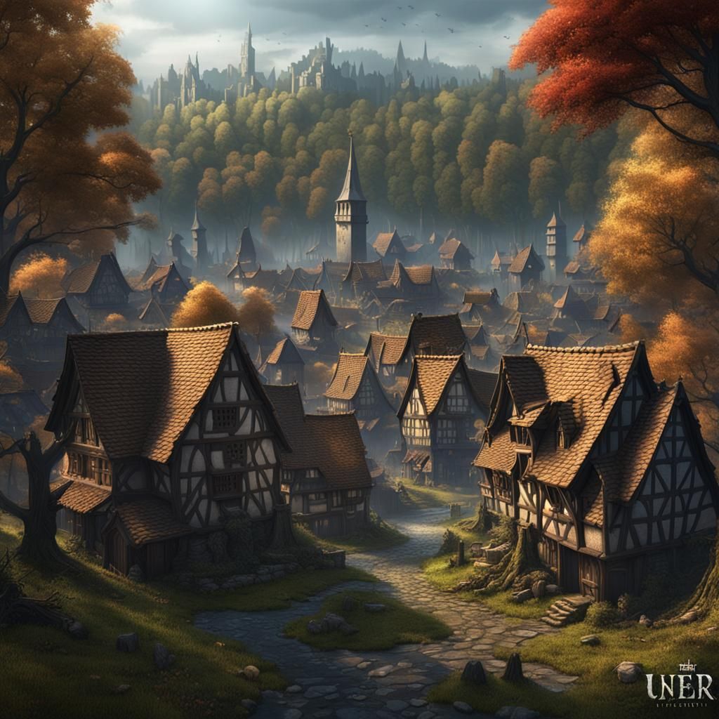 Medieval German Town Crossroads in Dark Fantasy Style