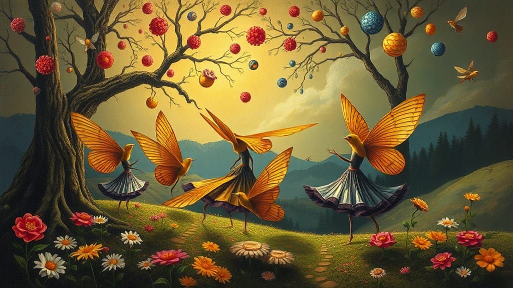 Dreamlike Landscape with Happy Girls in Bosch Style