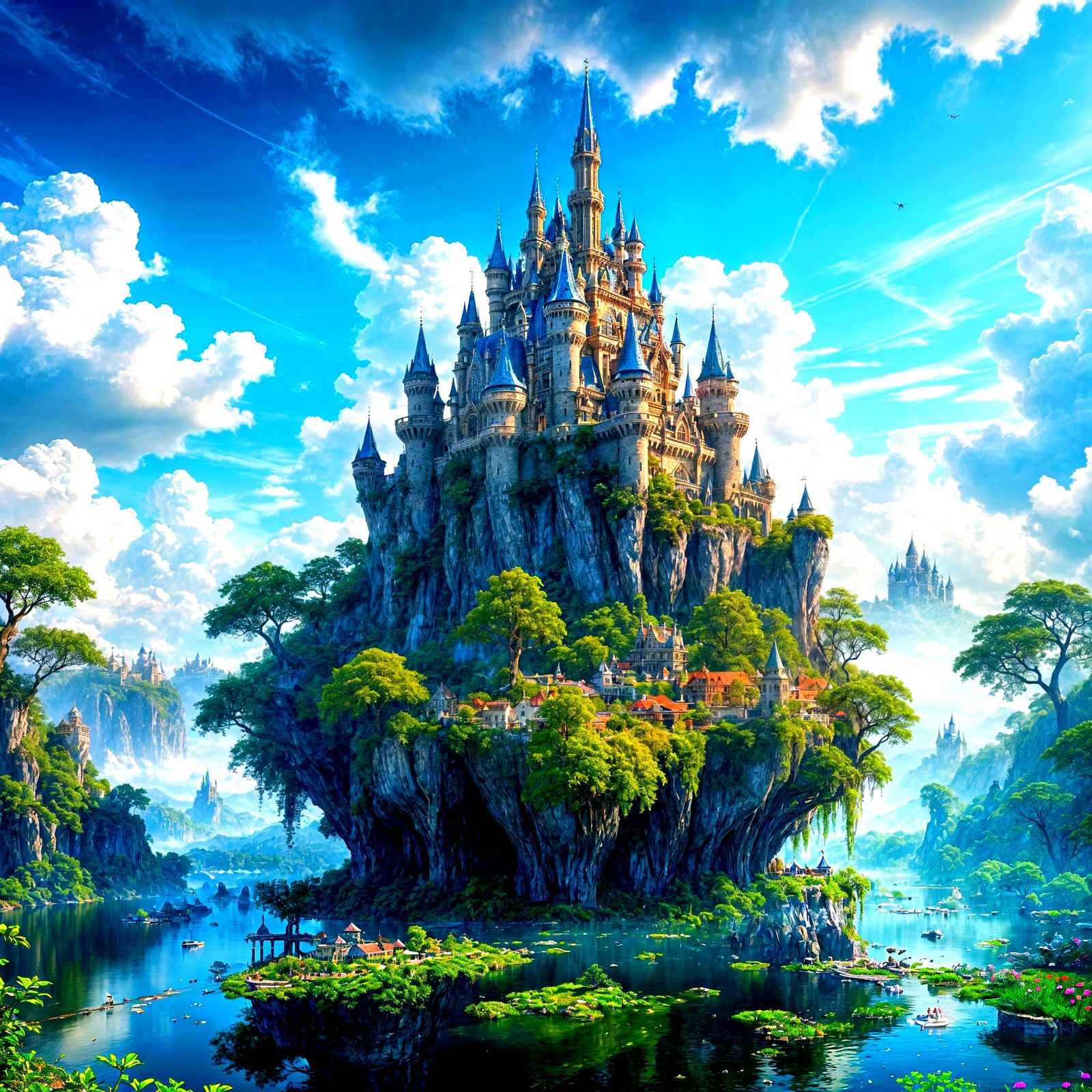 Majestic Castle on Floating Island in Ethereal Mist