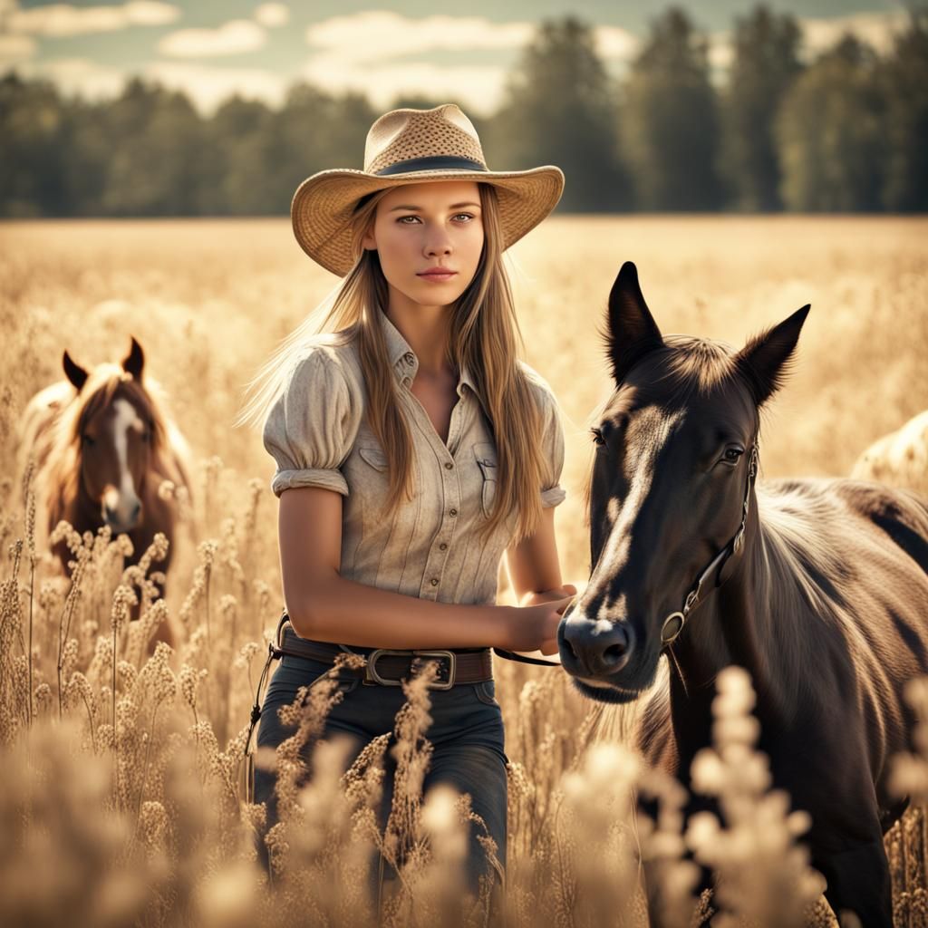 Country Girl with Dog in Sunny Horse Field