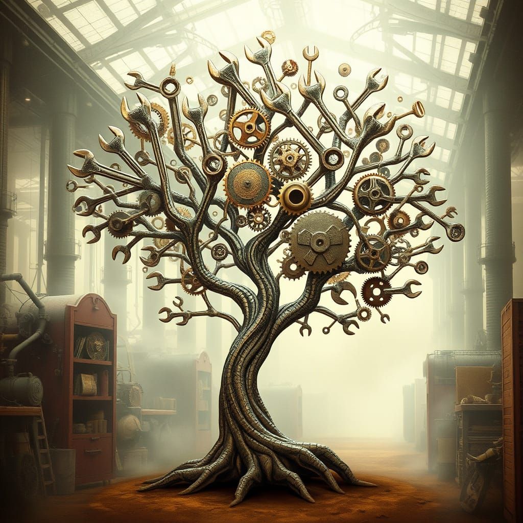 Whimsical Factory Tree in Industrial Dreamscape
