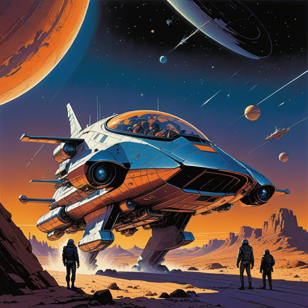 Sleek Silver Spacecraft Casts Majestic Shadow on Starry Expa...