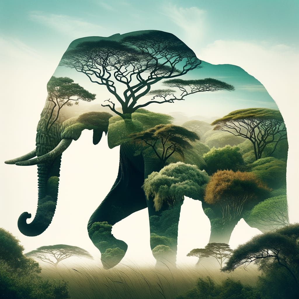 Elephant Silhouette Double Exposure Under Sunny Savannah Sky