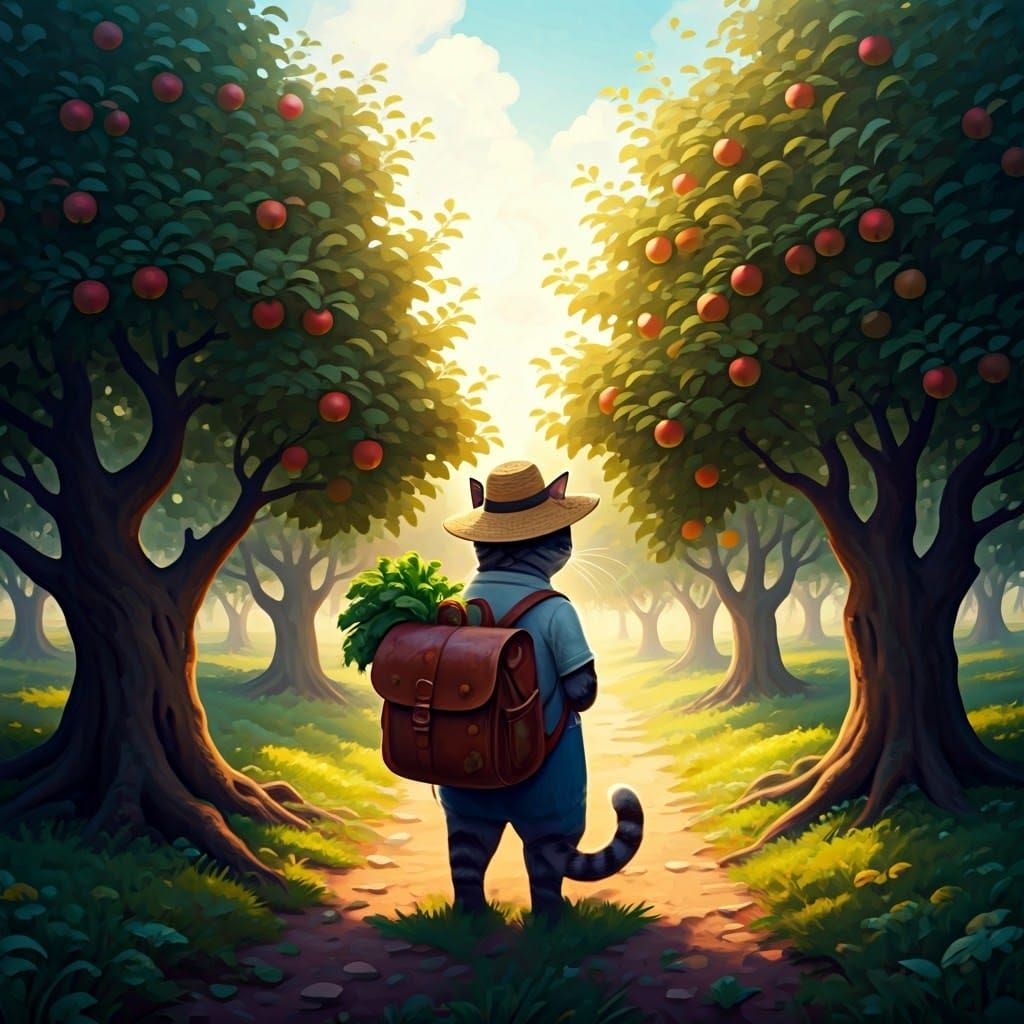 Anthropomorphic Cat in Orchard, Folk Art Style